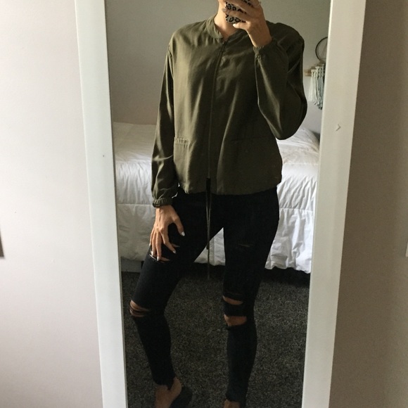 Olive Green Bomber Zip up Jacket - Picture 3 of 8